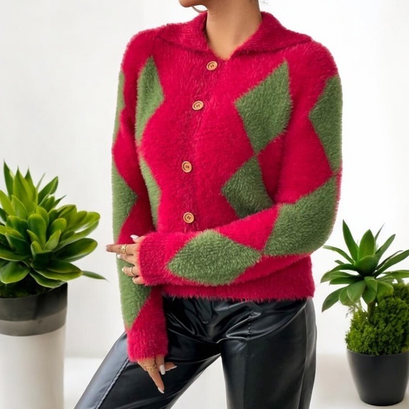 Sweaters - Button Front Fluffy Knit Sweater pattern  red green